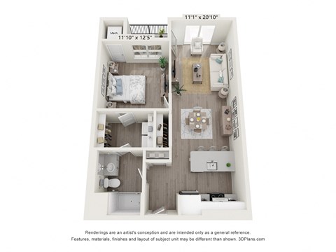 Floor plan for 1 bed, 1 bath, 718 sqft